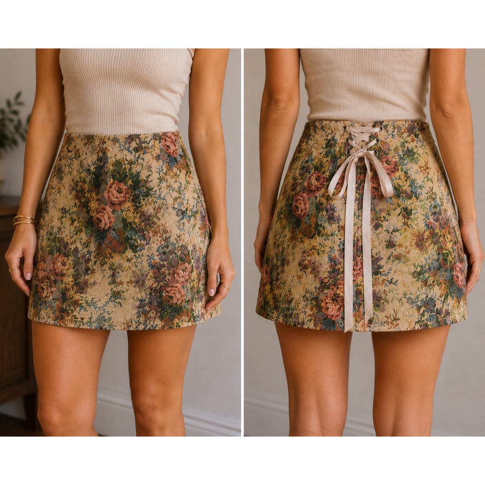 M 147 Tic Toc Floral Tapestry Mini Skirt Corset Lace Up Cottagecore Romantic